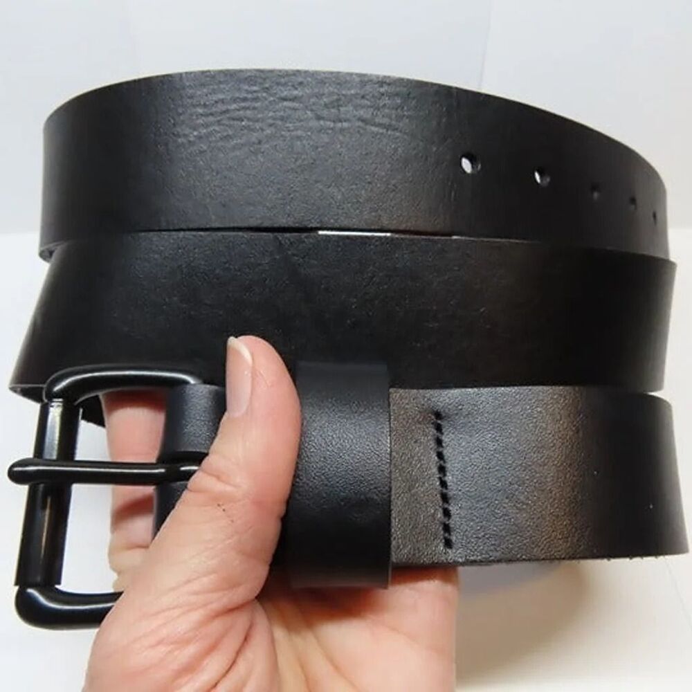 IMPERFECT 45" Handmade 100% cow hide black leather belt plain smooth buckle M